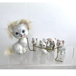 Vintage Japan Kitty Cat with Fur Accents Figurine And 5 Kitten RARE